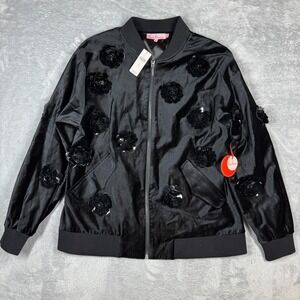 Anthropologie Eva Franco Bomber Jacket Black Sequin Flower XL NWT